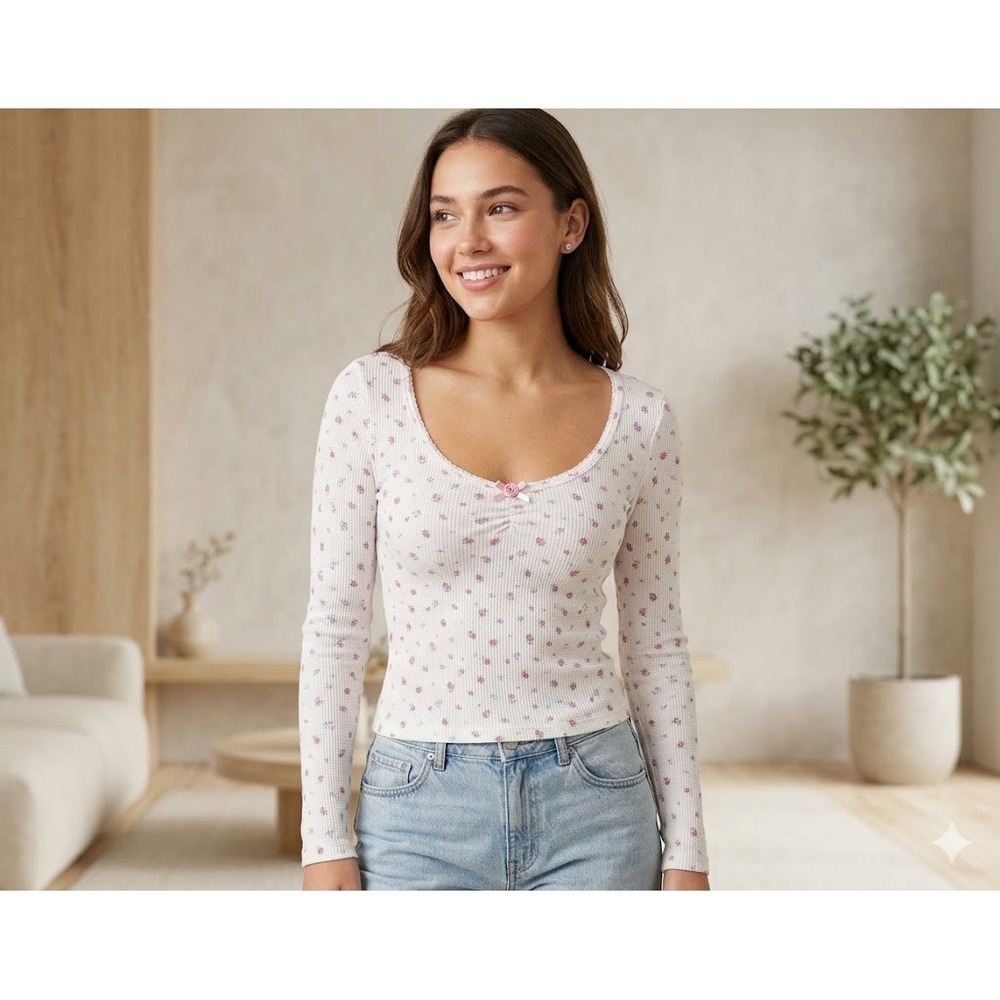 Aeropostale Top XS White Floral Cinch Front Rib Knit Tee Coquette Y2K Fairycore